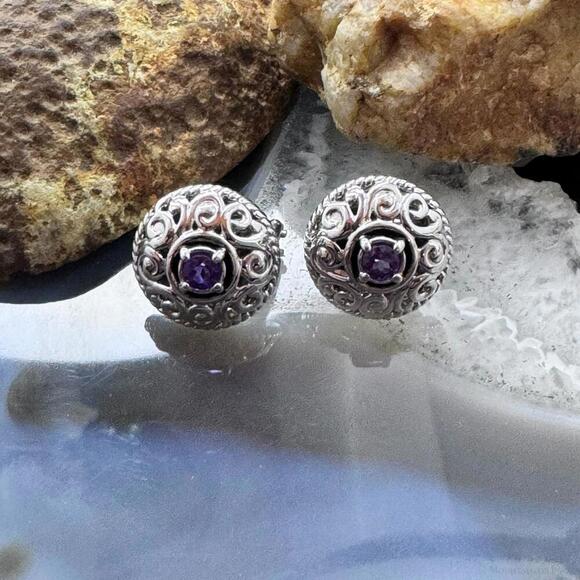 Carolyn Pollack Sterling Round Amethyst Omega Back Stud Earrings For Women - Picture 2 of 10